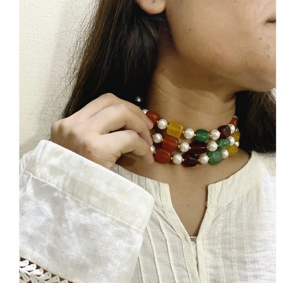 Handcrafted Colorful Stones and Pearls Choker Necklace Beaded Choker Necklace - Picture 8 of 10